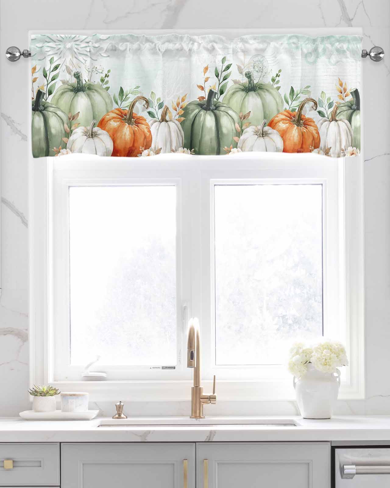 Autumn Pumpkin Kitchen Valances for Windows Farmhouse Linen Window Valance Curtain for Living Room Window Treatment Sage Green Thanksgiving Eucalyptus Leaves Valance Rod Pocket Topper, 42 x 18 Inch