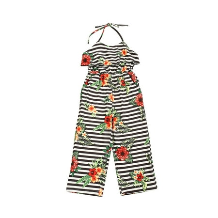 

Sunisery Little Girls Halter Striped Floral Jumpsuit Sleeveless Loose Rompers