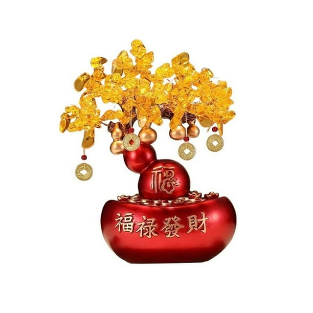 Feng Shui Gemstone Money Tree Ornaments, Fortune Gourd Gold Ingot Citrine Crafts