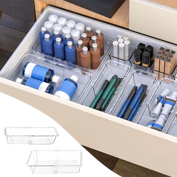 Clear Acrylic Expandable Drawer Organizer | Non-Slip Textured Base | Stackable Desktop Storage Box | Removable Design | 23.8 x 8.6 x 6 cm or 25.1 x 15.7 x 6 cm | 1 Unit | Versatile Sundry Holder