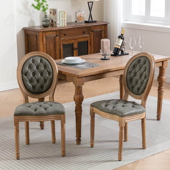 French Style Solid Wood Frame with Antique Painting, Hand-pulled Buckle Decoration, PU Leather Dining Chair with Nailhead Trim, Wood Legs, Set of 2, White Pine Green