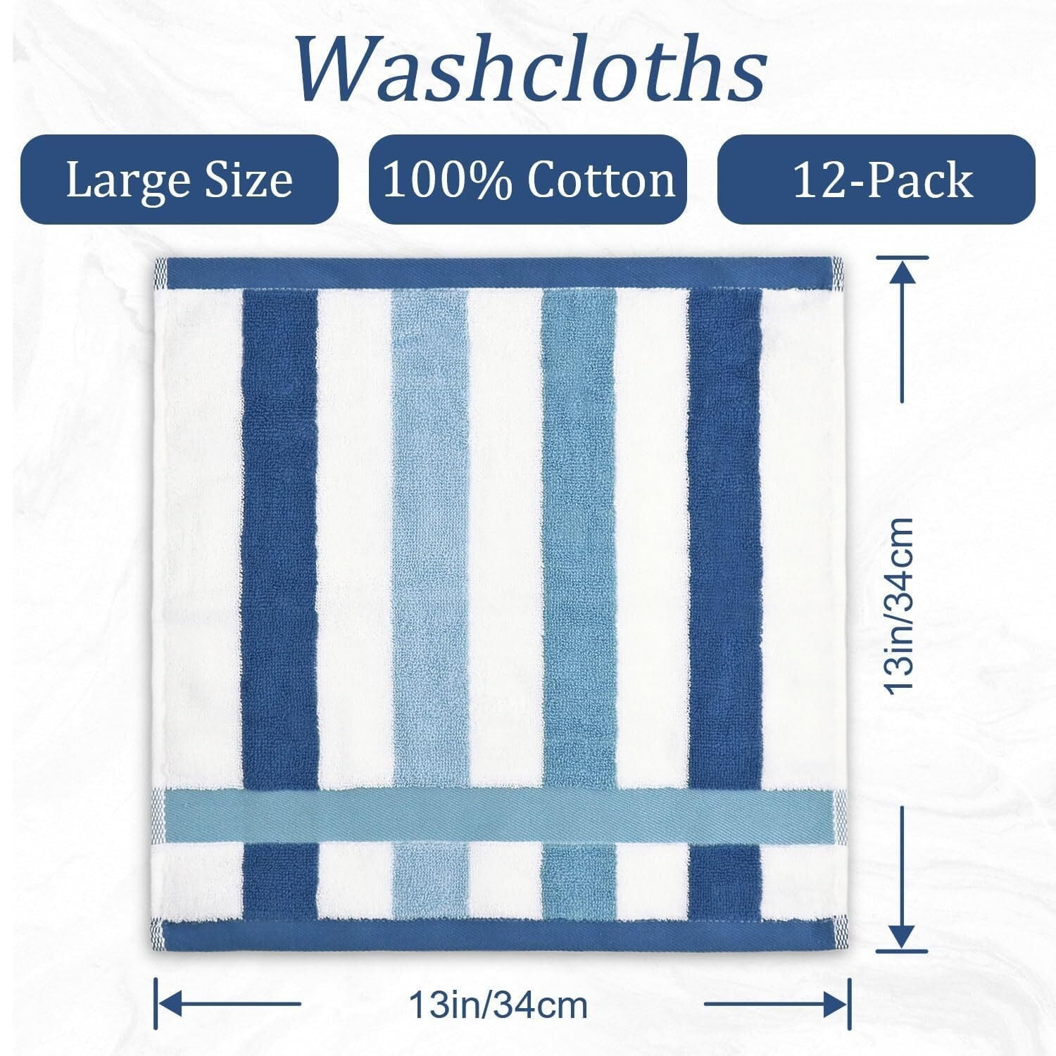 Cotton 12 Pack Striped Washcloths, 13 x 13 Inches, 3 Colors - Face and Body Cleansing Towels