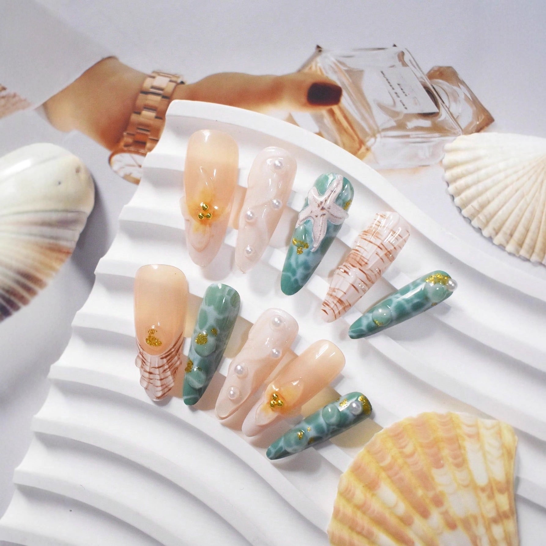 Cross-border hot sale almond fake nails 10pcs ocean wind three-dimensional shell starfish pure pearl embellishment