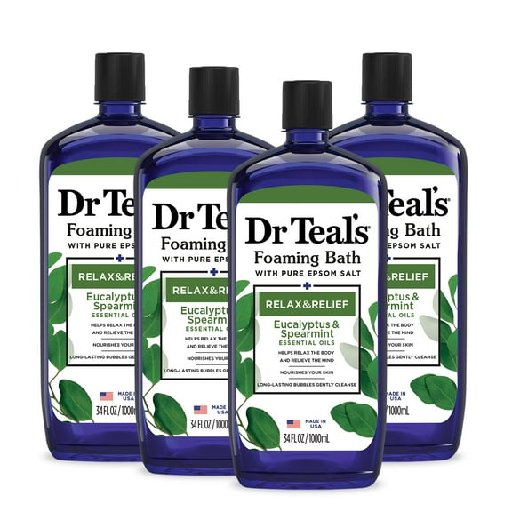Dr Teal,S Foaming Bath With Pure Epsom Salt, Relax & Relief With Eucalyptus & Spearmint, 34 Fl Oz (Pack Of 4) (Packaging May Vary).