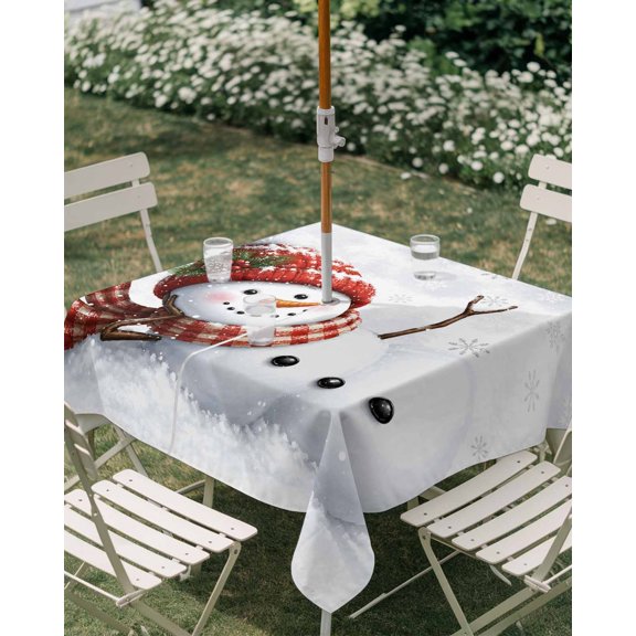 Outdoor Tablecloth with Umbrella Hole, Christmas Snowman with Red Hat Scarf Zippered Table Cloth for Rectangle Tables, Winter Snowflake Washable Waterproof Tablecloths for Picnic Patio Garden