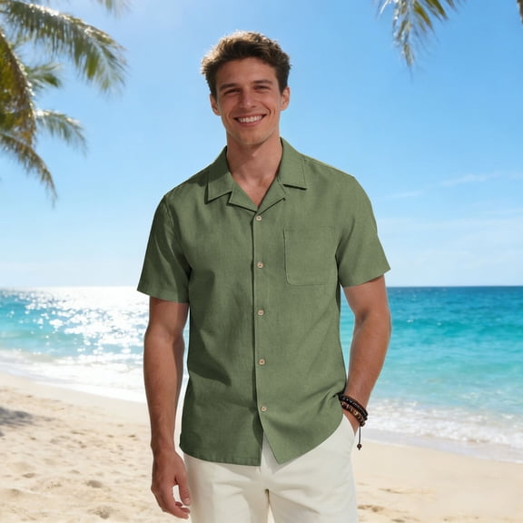 JOANKDMI Linen Beach Shirts for Men Short Sleeve Button Up Casual Summer Tops Breathable Cuban Collar Holiday Vacation Shirts with Pocket Relaxed Fit, S-3XL