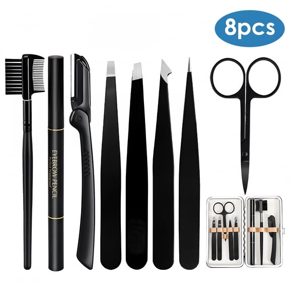 FACEGA Eyebrow Kit 8 in 1 Eyebrow Tweezer Kit Stainless Steel Eyebrow Trimming Kit Eyebrow Scissors Eyebrow Grooming Kit for Women & Men with Travel Case (Black)
