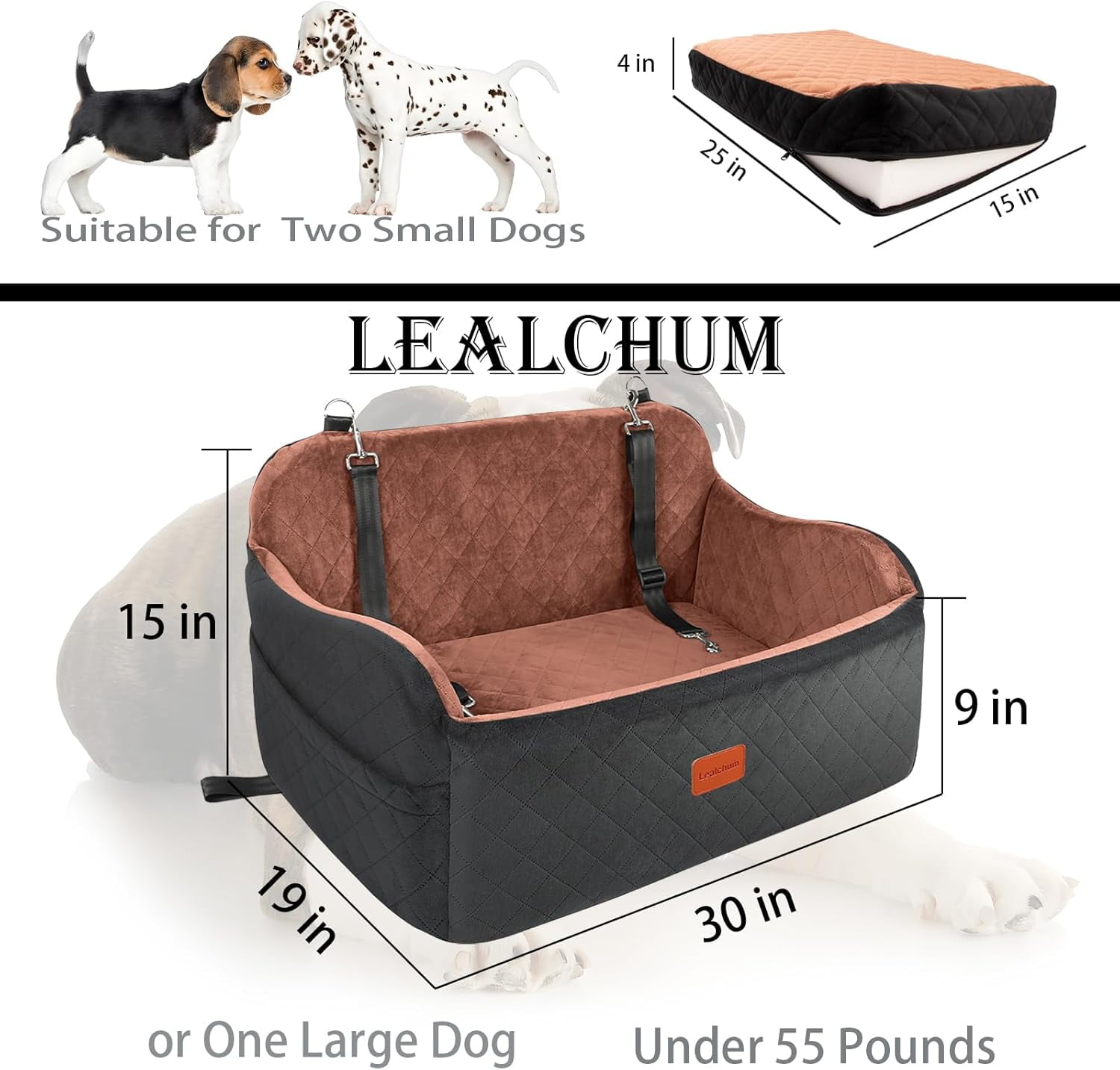 Lealchum Large Dog Car Seat, Soft Fabric Car Dog Bed, Comfy Medium Pet Car Seat (Black/Brown)