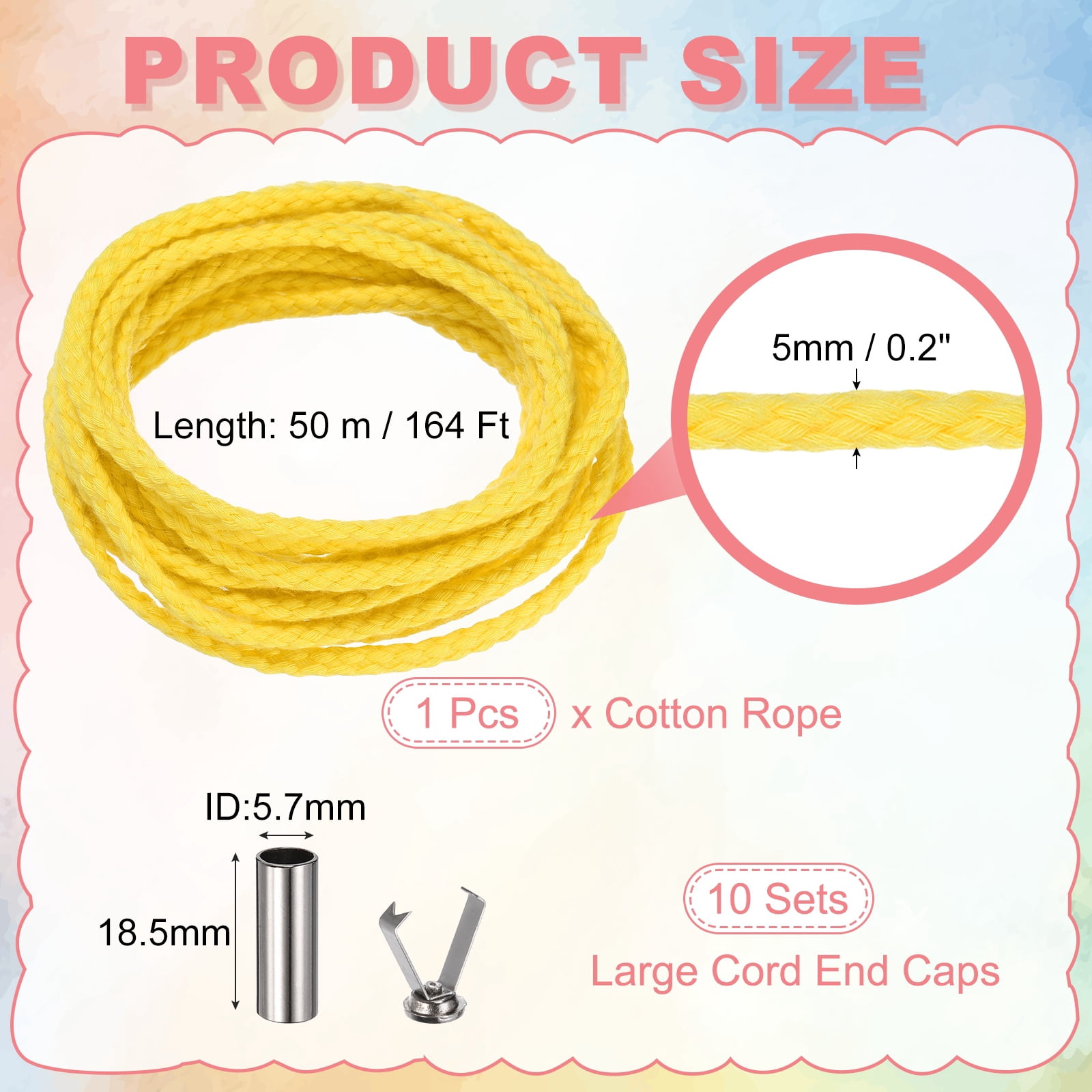 Braided Macrame Cord, 3/16" x 164ft 8 Strand Cotton Rope Braided String with Cord End Caps for Drawstring, Plant Hanger Wall Hanging, Dream Catcher Crafts, Light Yellow