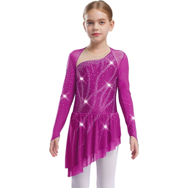 RUNQHUI Robe de Patinage Artistique à Manches Longues pour Filles, Scintillante, Dos Nu, Danse Lyrique Moderne, Rose Vif, 10