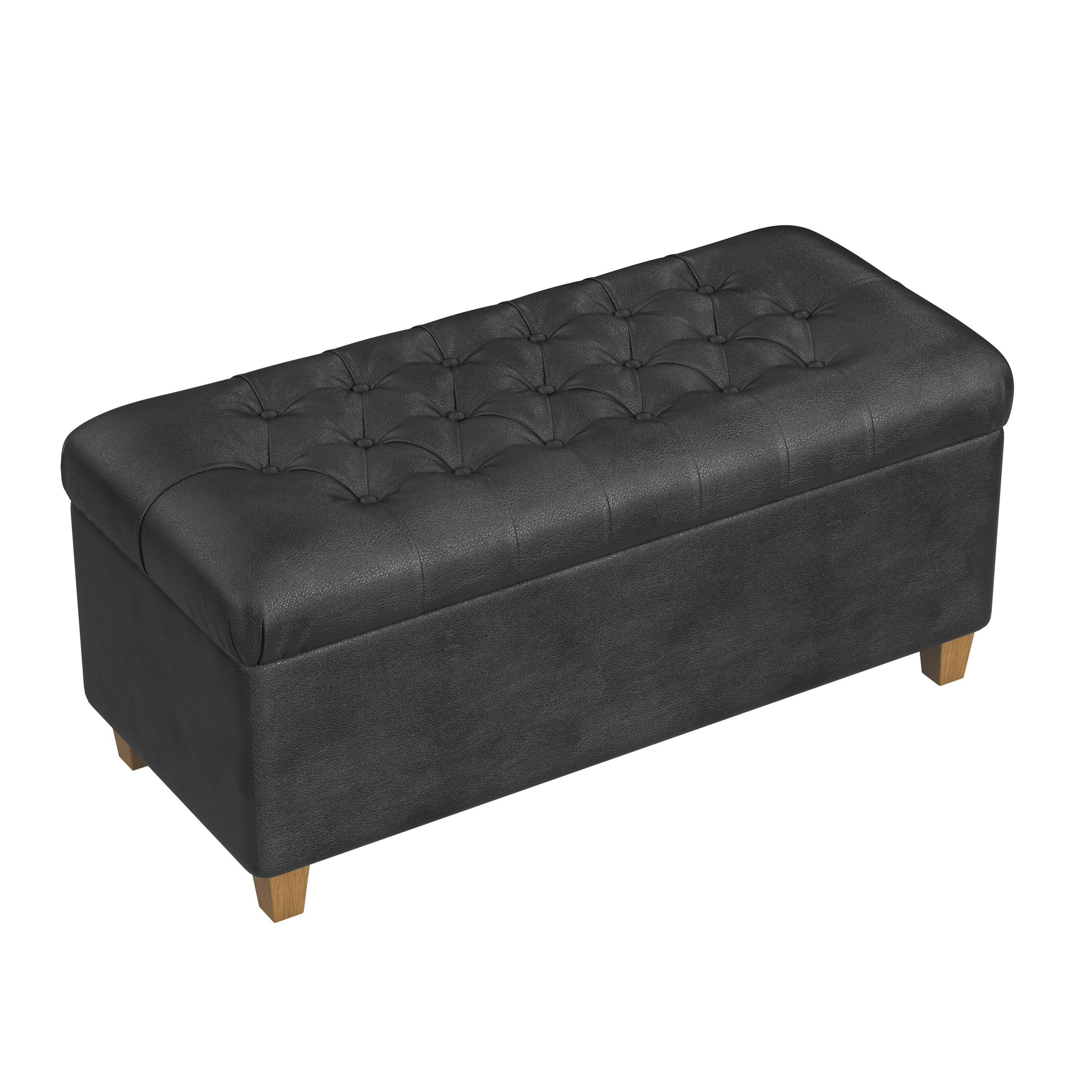 HomePop Ainsley Button Tufted Storage Bench, 40"W x 18"D x 18"H, Black Faux Leather