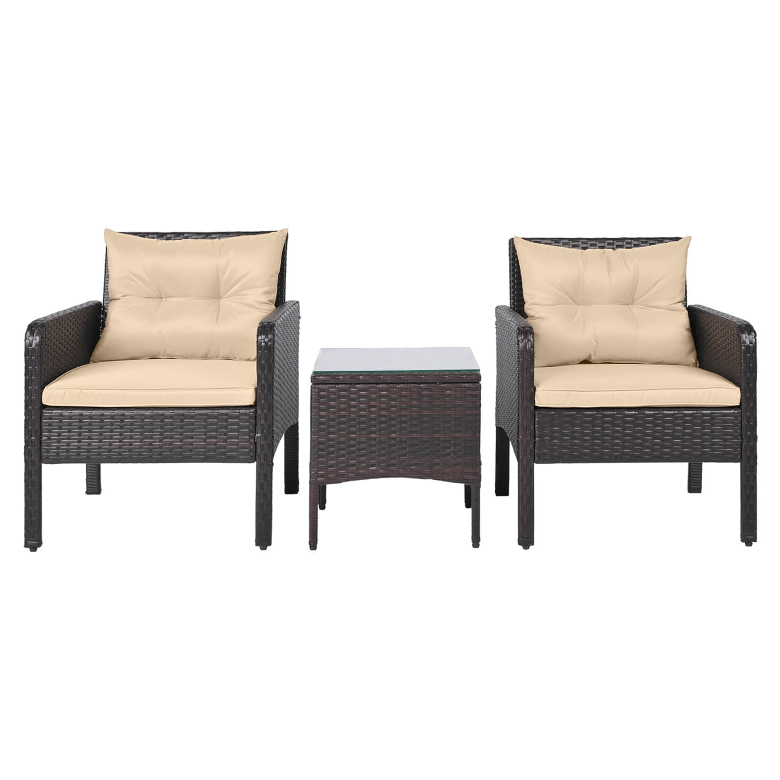 Costway 3 PCS Patio PE Wicker Furniture Set with Cushions and Tempered Glass Coffee Table Brown