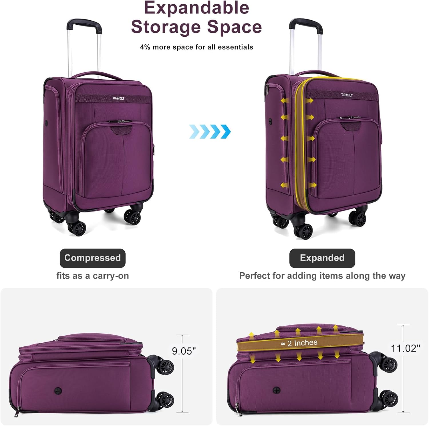 TIAWOLT Carry on Suitcase 22x14x9 Airline Approved,20 inch Lightweight Suitcases with 360° silent swivel wheels, TSA Lock and Compartment, Large Capacity travel Suitcase-Purple