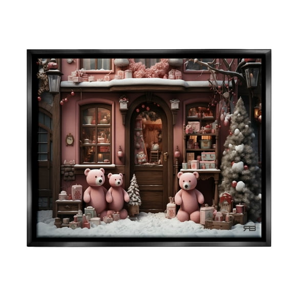 Stupell Industries Christmas Shop with Bears Holiday Painting Black Floater Framed Canvas Art Print Wall Art, 21 x 17