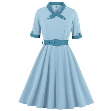XFYSSS Ladies' Fashionable Casual Short Sleeved Sailor Tie Neck Mid Waist Patchwork Dress Business Work A-line Cocktail Dresses