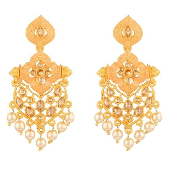 Efulgenz Indian Chandbali Earrings Peach Color Bridal Traditional Crystal Kundan Dangling Earrings Faux Pearl Drop Dangle Statement Wedding Earrings Set for Women