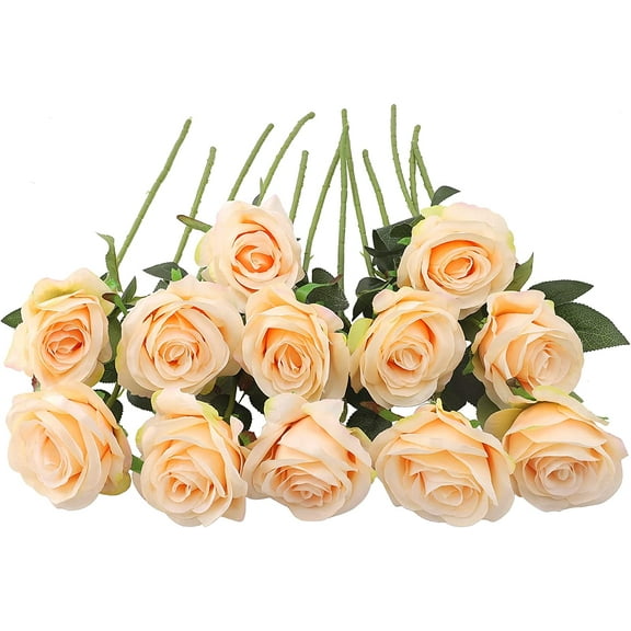 Zukuco 12 PCS Artificial Roses Single Long Stem Silk Blossom Fake Flower for Home Party Wedding Decoration(Light Champagne)