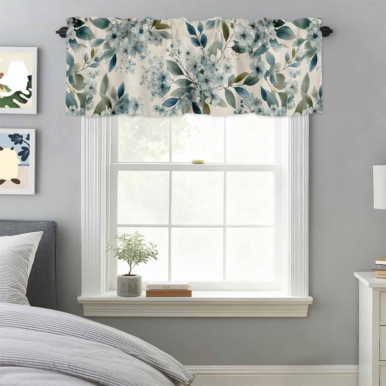 Blue Flower Window Valance for Kitchen, Watercolor Spring Blue Floral Green Leaf Botanical Linen Texture Rod Pocket Short Curtain for Small Windows, Light Filtering Decorative Valance, 60 x 18 Inch
