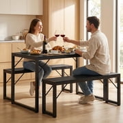 Lofka 3-Piece Rectanglar Kitchen Dining Table Set for 4 with 1 Table & 2 Benches, Black