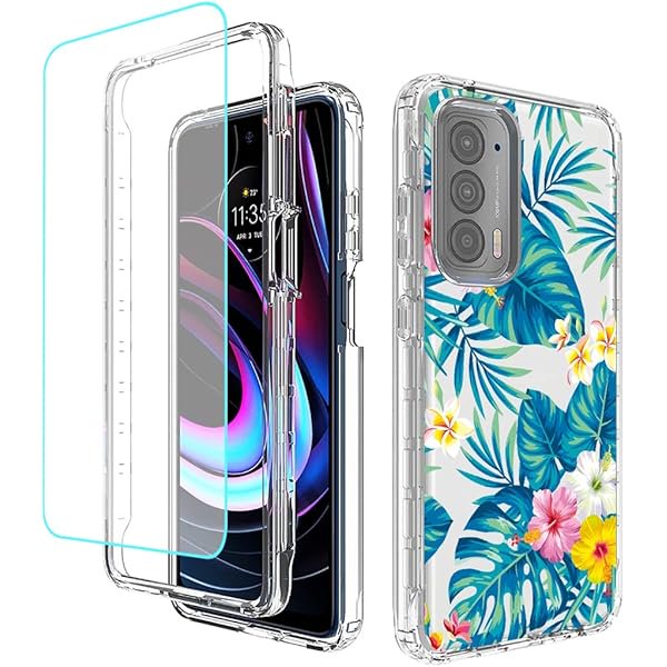 wonima11 Case for Moto Edge 2021/Moto Edge 5G UW Case with Tempered Glass Screen Protector, Full Body Shockproof Clear Floral Soft Phone Protective Cover for Motorola Moto Edge 2021 (Flowers & Leaves)