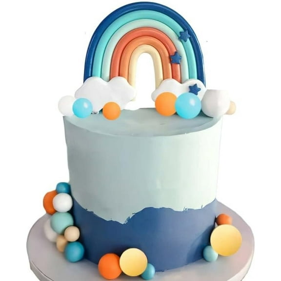 Blue Rainbow Cake Toppers, Qoadwem 14pcs Blue Rainbow Cake Toppers With Blue Orange White Balls For Blue Dog Birthday Cake Decorations Baby Shower Party Supplies