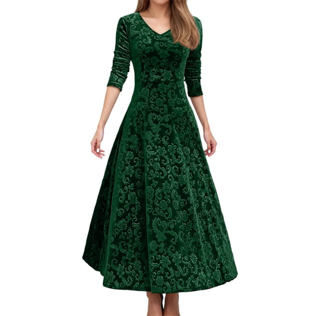 Robes de Noël pour Femmes, Robe Midi Élégante en Velours pour Fêtes des Fêtes et Occasions Festives, Robe de Fête à Manches Longues Ajustée, Robe de Noël, G