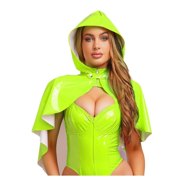 Eandarui Womens Shiny Wet Look Hooded Cloak With Front Button Closure For Rave And Party Wear Fluorescent Green One Size