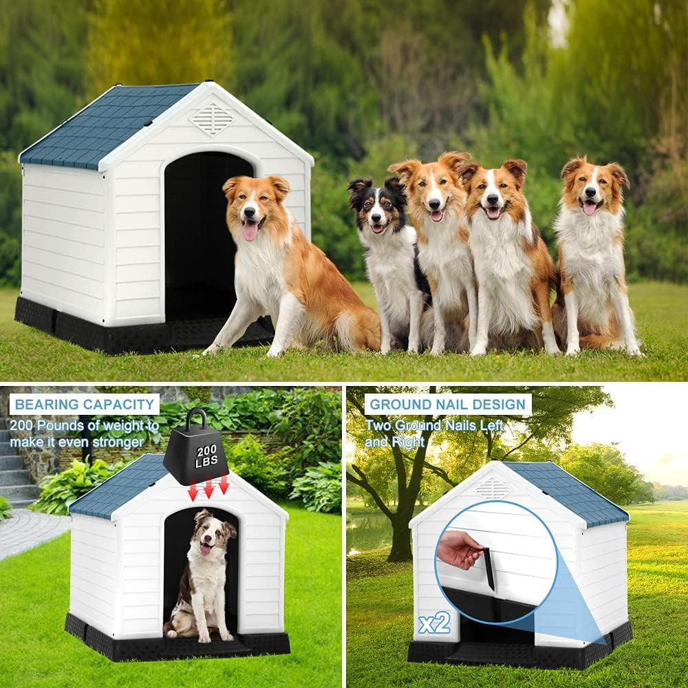 XF XINFENG Large Dog House Plastic Indoor Outdoor Waterproof Dog Kennel with Air Vents Elevated Floor( Blue, 41''L*37.4''W*39''H)
