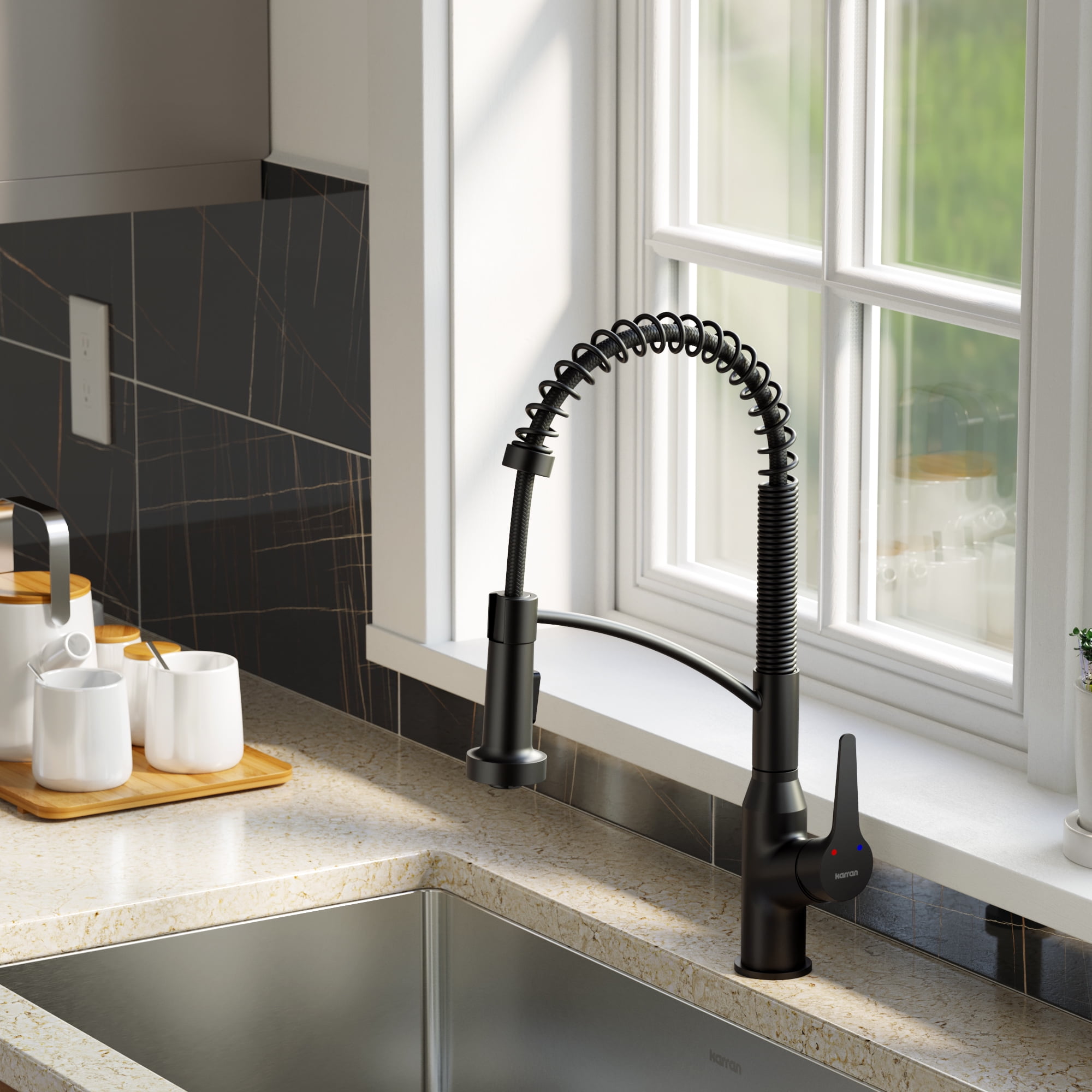 Karran Scottsdale Single-Handle Pull-Down Sprayer Kitchen Faucet with Matching Soap Dispenser in Matte Black