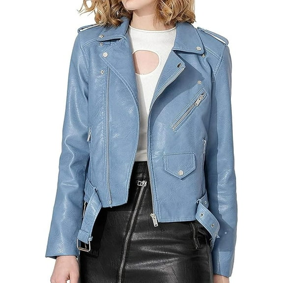 HOT! Women's Genuine Blue Lambskin Leather Jacket Slim Fit Biker Collared jacket Coat W372