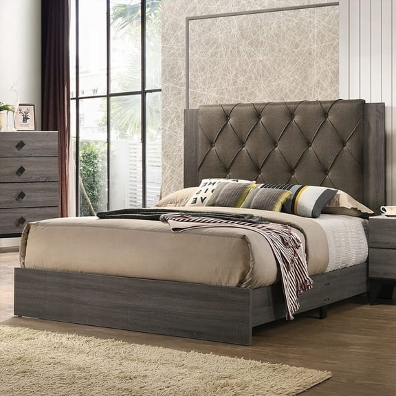 Queen Size Rubberwood Platform Bedframe with Tufted Design Headboard, Gray Finish, for Bedroom