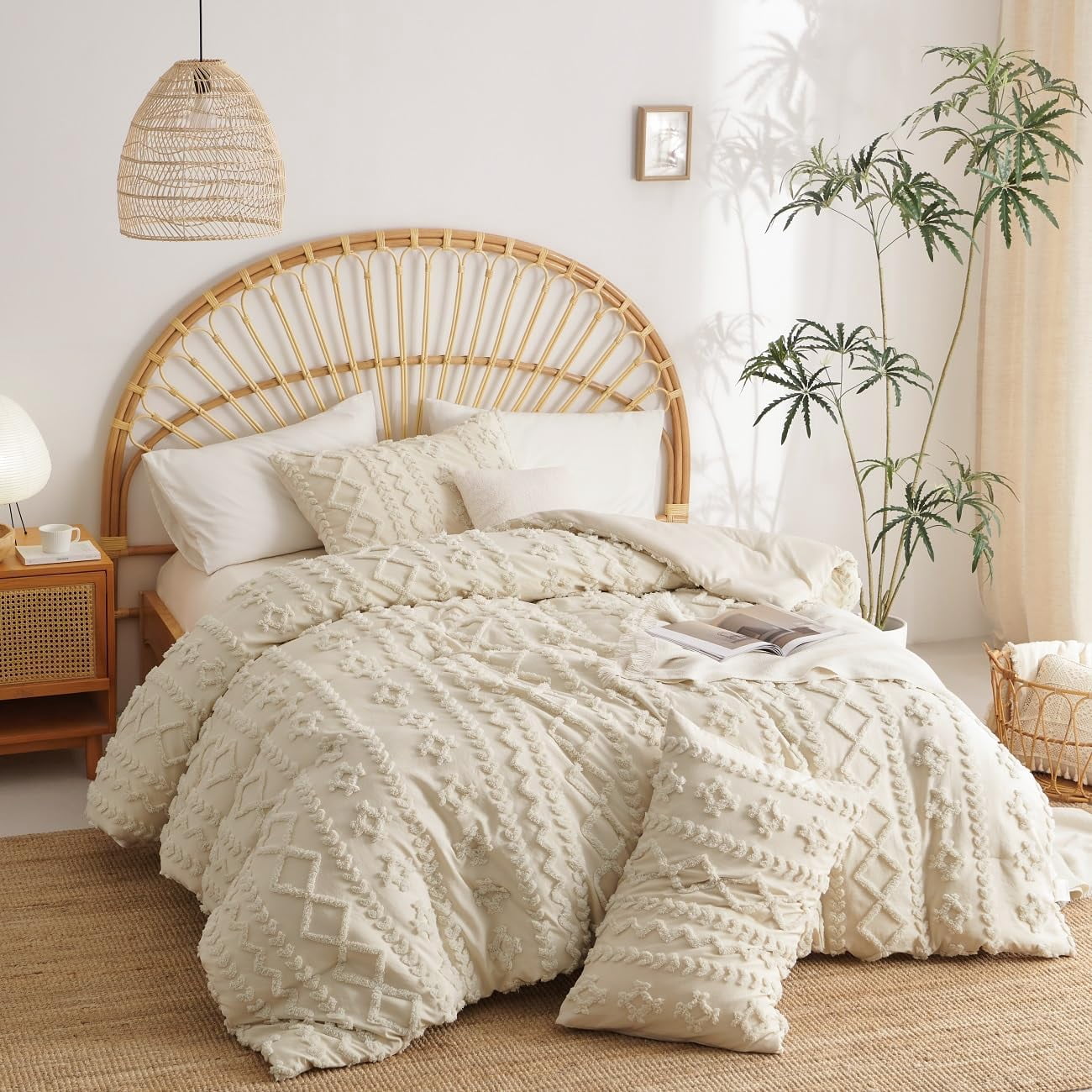 JOLUSERE Jacquard Sandflow Pattern Tufted Duvet Cover King Set, 3 Pieces Boho Ultra Soft Embroidery Bedding Set, Beige