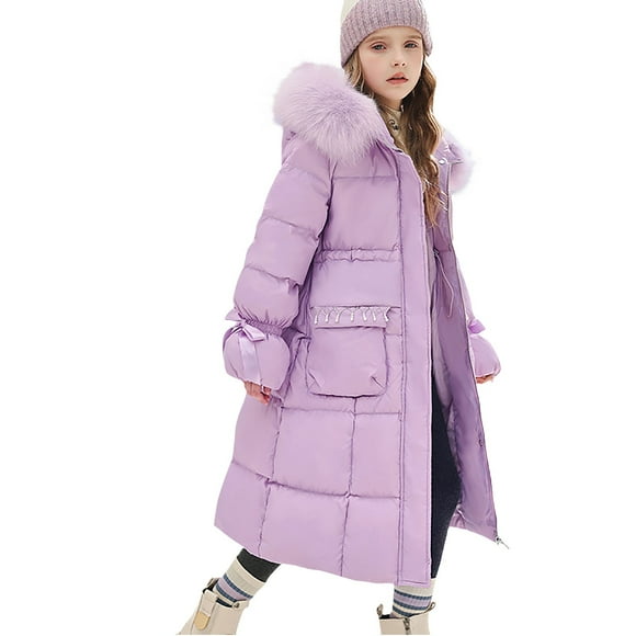 LIJCC Girls' Winter Long Puffer Coats Waterproof Fur Dress Coat Kid Parka Cute Outwear Fur Hooded Warm Puffer Jacket Padded Parka Overcoat Kids Outwear