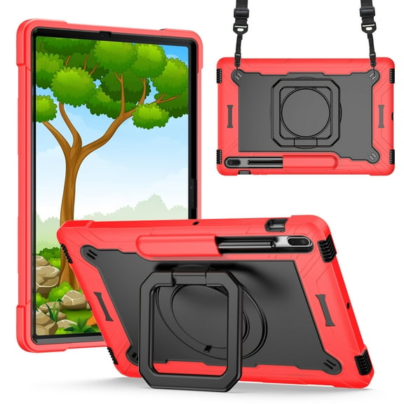 Case For Samsung Galaxy Tab S8 Plus / S7 Plus / S7FE Hybrid Armor 3in1 with 360 Degree Rotating Kickstand & Shoulder Strap Shockproof Tablet Cover [ Red / Black ]