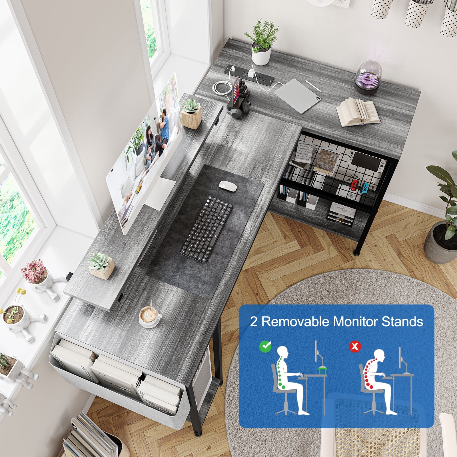 L Shaped Desk, Computer Gaming Desk with Power Outlet & Led Light, Reversible Corner Desk with Monitor Stand & Storage Shelves, Storage Bag for Home Office
