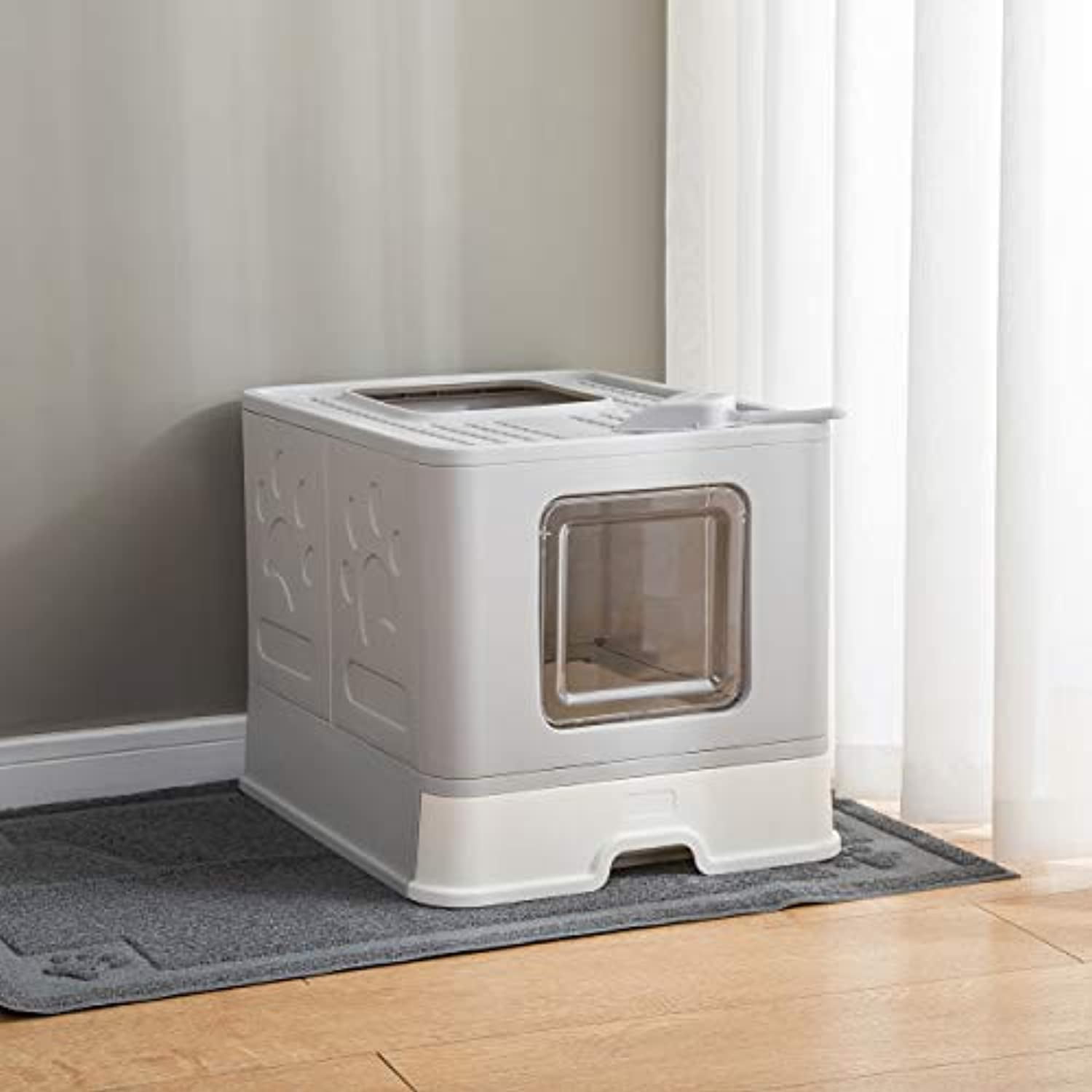 Suhaco Cat Litter Box Enclosed Large Cat Litter Box with Lid Foldable Top Entry Cat Potty Anti-Splashing Litter Pan Order Control Easy to Clean Including Litter Scoop (Gray)