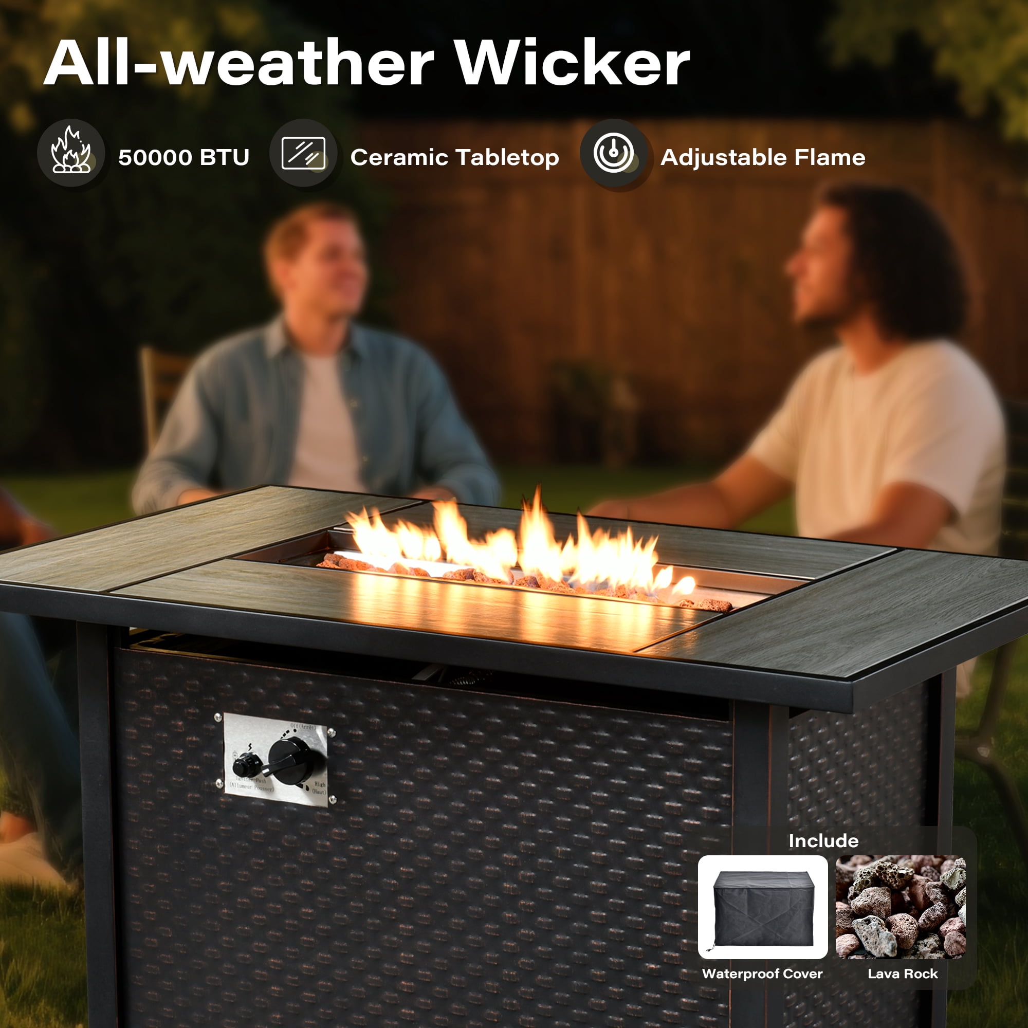 Toject 9 Pieces Patio Furniture Set All Weather Wicker Outdoor Conversation Set with 42" Fire Pit Outside Furniture Patio Sofa with Swivel Chairs & Solar Table, Beige