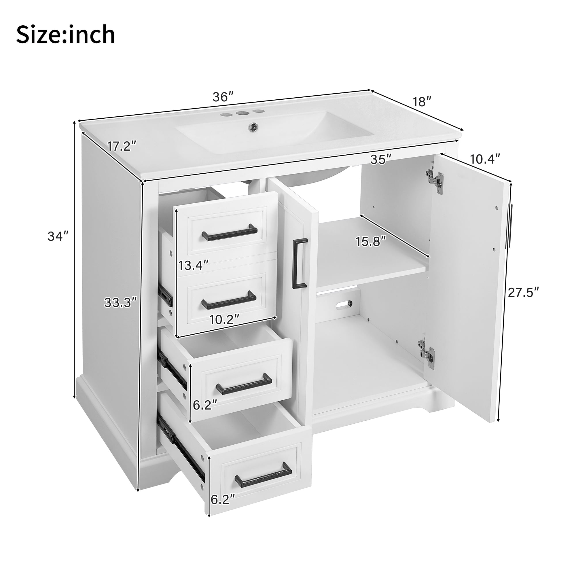 Euroco 36" Modern Bathroom Vanity with Premium Ceramic Sink, Soft-Close Doors, Zinc Alloy Handles, and Ample Storage for Organized Living
