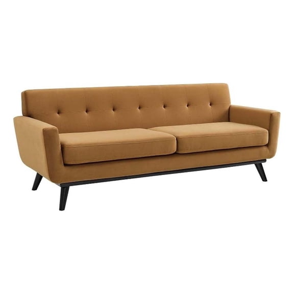 Maklaine Modern Tufted Back Performance Velvet Sofa in Cognac Brown
