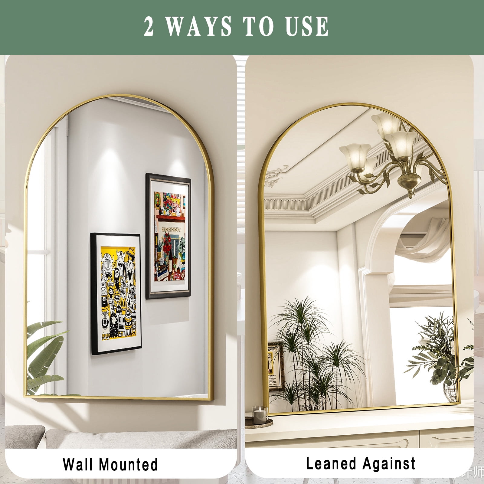 SHATTERVIEW 24"x38" Bathroom Wall Mounted Mirror Arched Hanging Vanity Mirror, Gold