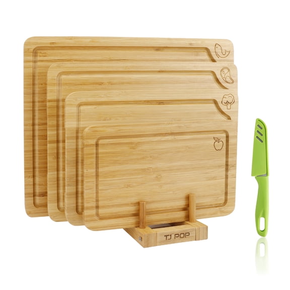 TJ POP Bamboo Cutting Board Set of 4, Chopping Boards with Food Icons for Kitchen, Charcuterie Board for Meat, Vegetables, Fruits, Cheese