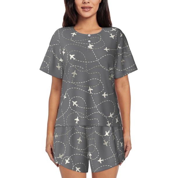 Balery Airplane Routes Around The World Conjunto de Pijama para Mujer con Estampado, Dos Piezas de Manga Corta y Shorts, Ropa de Dormir Suave con Cuello Redondo y Bolsillos-Medium