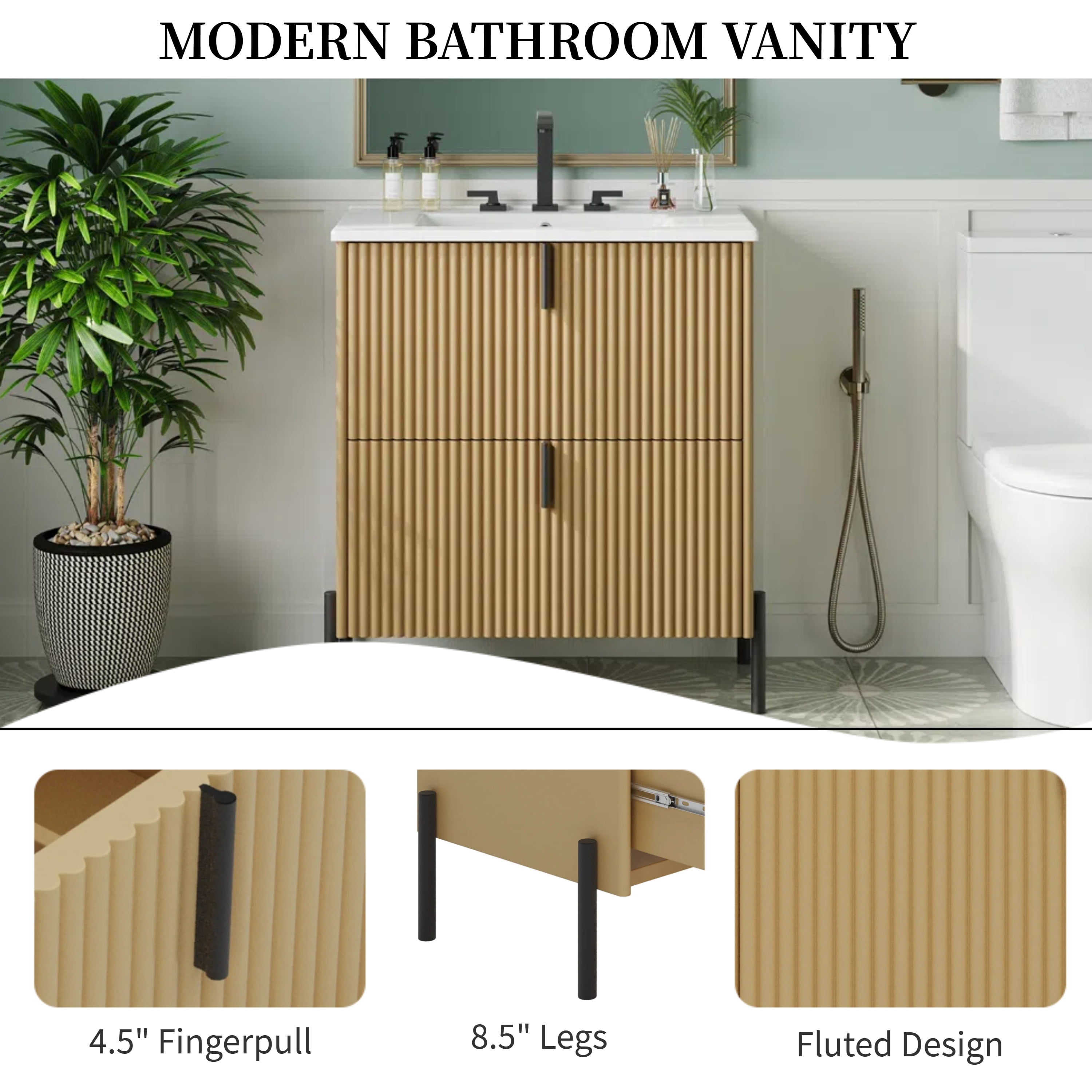 30" Fluted Design Modern Freestanding Vanity Cabinet, Modern Bathroom Cabinet with Soft Close Drawers, Freestanding Vanity with Ceramic Sink for Bathroom, Natural
