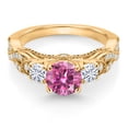 thumbnail image 2 of Gem Stone King 18K Yellow Gold Plated Silver Pink Moissanite and White Moissanite Engagement Ring for Women (1.27 Cttw, Gemstone, Round 6MM and 3MM, Size 9), 2 of 4