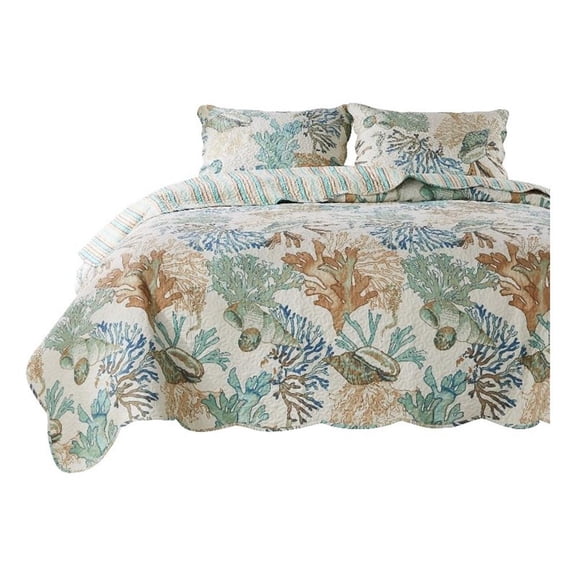 Benjara Wade 3pc Full/Queen Quilt Set with Sham- Jade Blue Coastal Microfiber