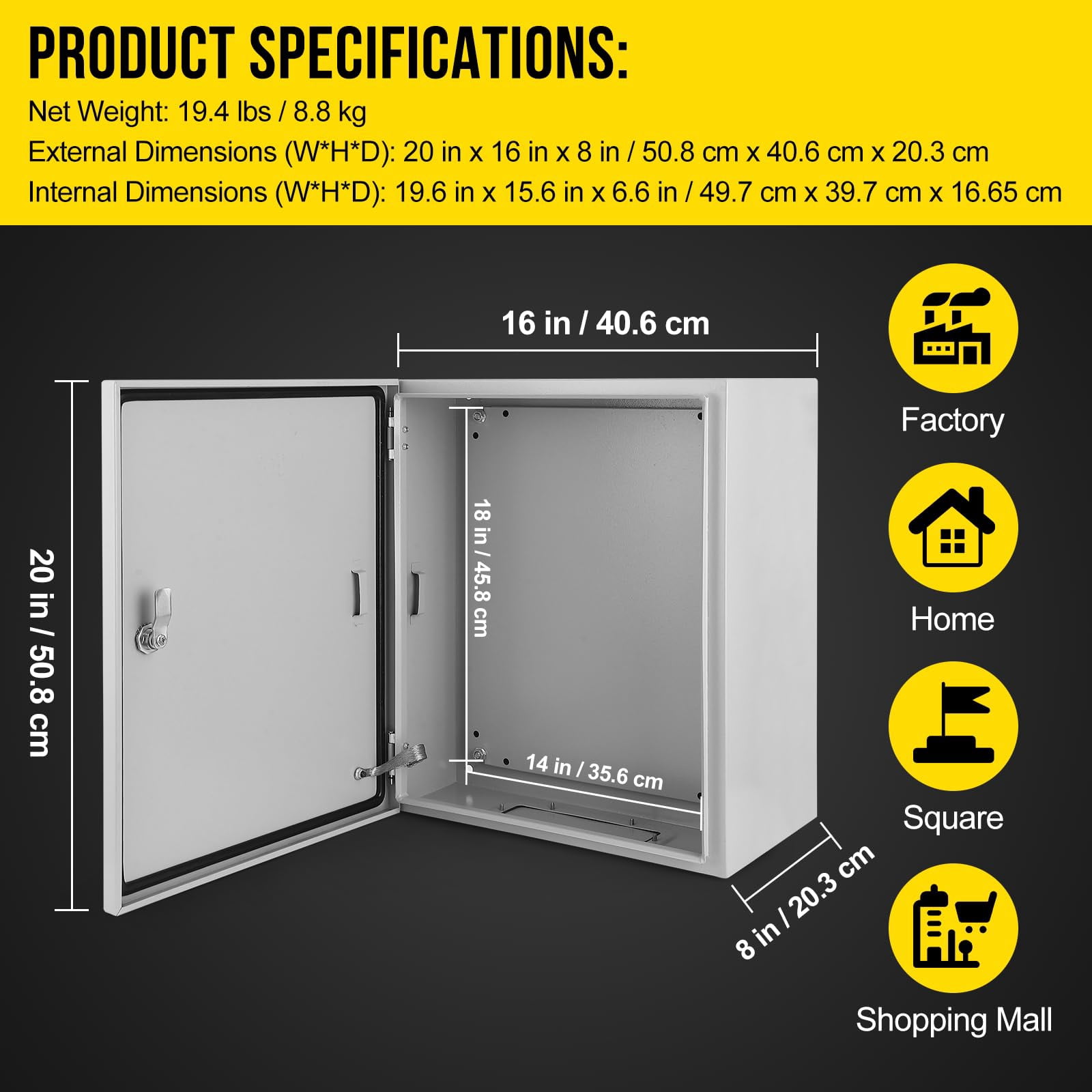 Outdoor Electrical Box, NEMA 4X Steel Junction Box,IP66 Waterproof & Dustproof Electrical Enclosure Box,Outdoor/Indoor Electrical Project Box with Lock & Mounting Plate,20 * 16 * 8"