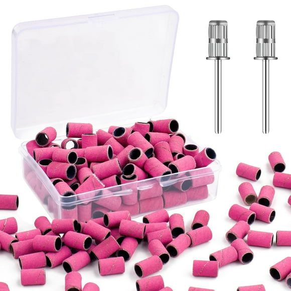 Rolybag Sanding Bands for Nail Drill Drill Sanding Band 240# Pink with Storage Box Include 100 Superfine Grinding Wheel Sand Bands and 2 Pieces Mandrel for Most Size 3/32"" Nail Drill Machine