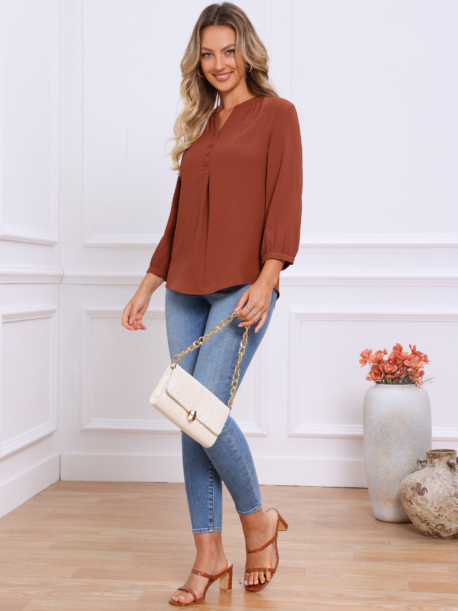 DARING DIVA Women's Stylish 3/4 Sleeve Elbow Sleeve Blouse XS Brick Red
