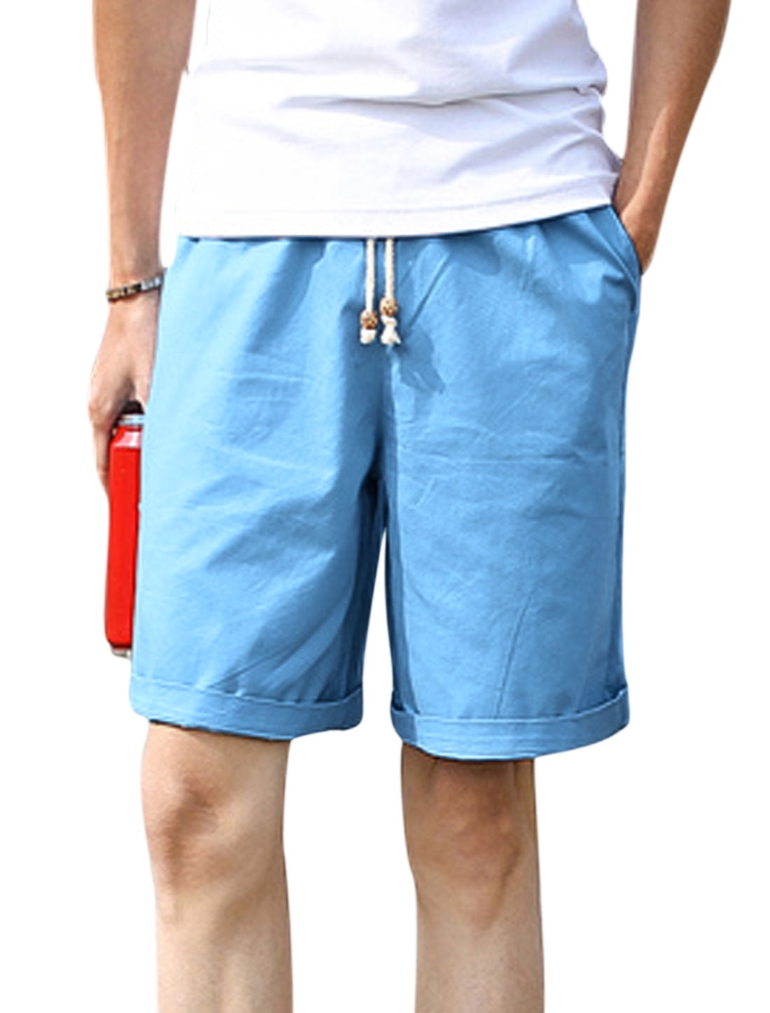 Men Mid Rise Elastic Waist Drawstring Front Pockets Shorts Sky Blue W30