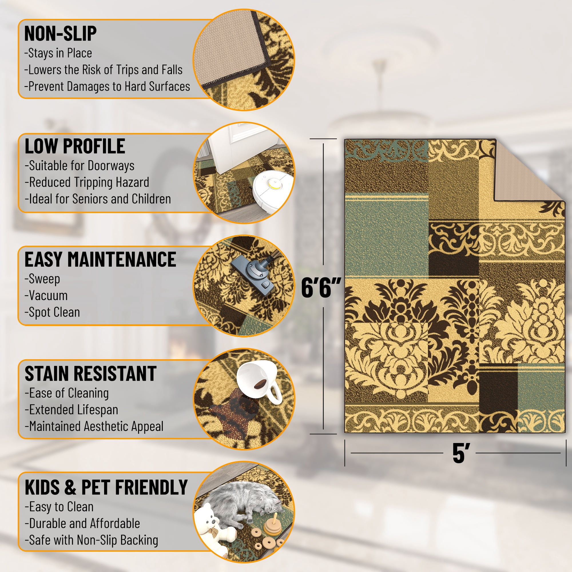 Ottomanson Non-Slip Area Rug for Living Room 5' x 6'6" Durable Low Profile Carpet, Brown/Green Damask